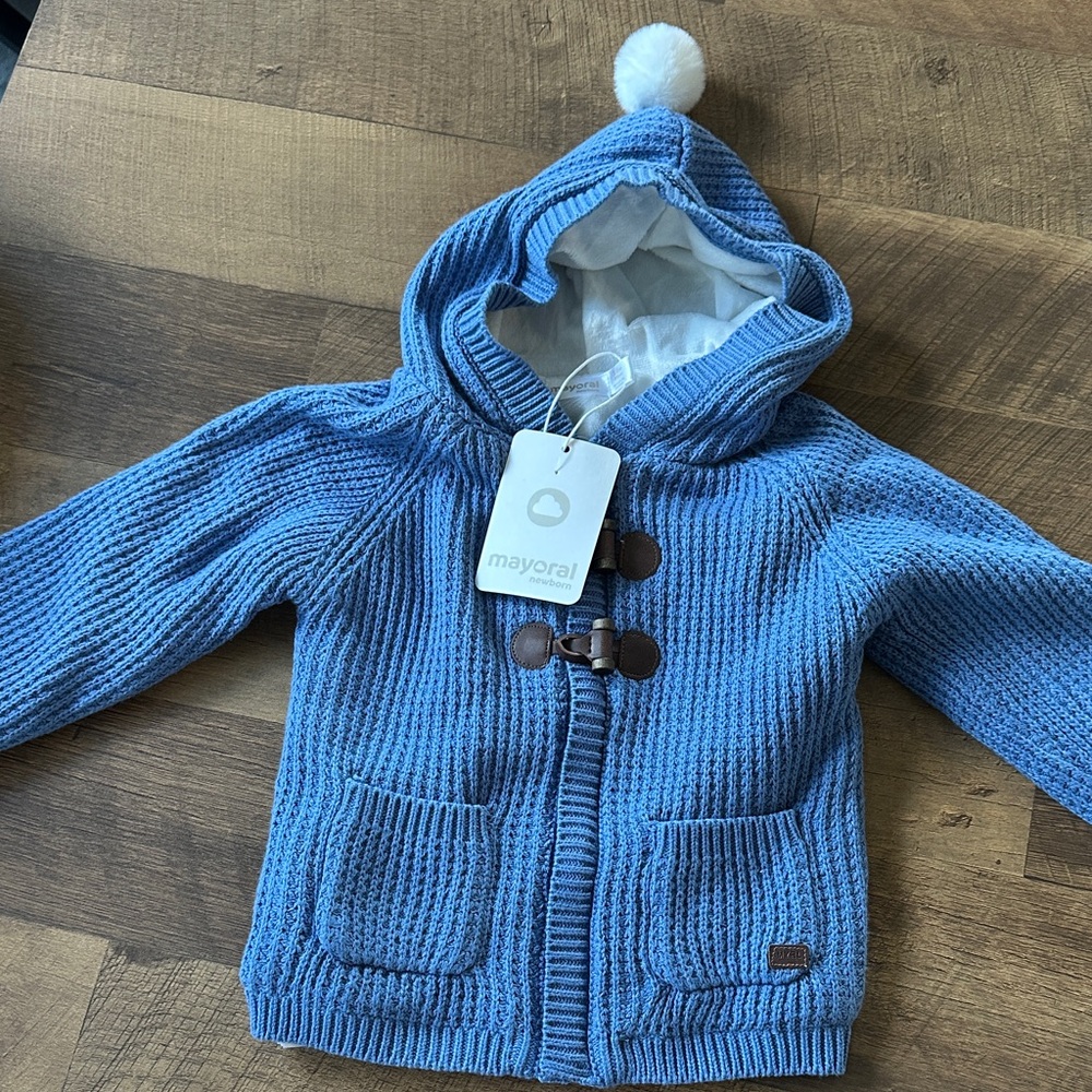 Mayoral Blue Hooded Knit Jacket with Pom Pom